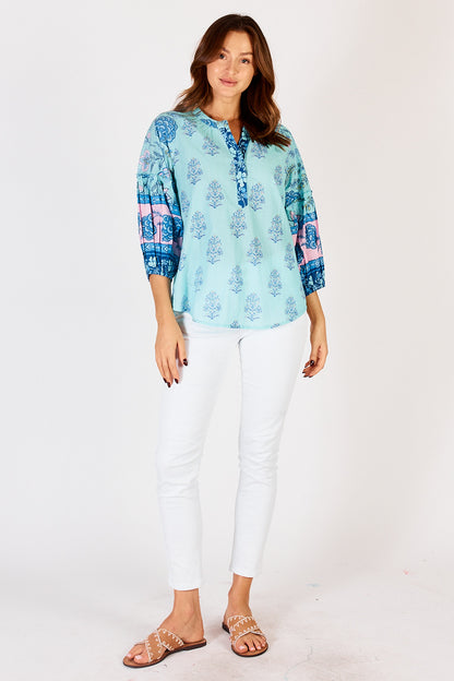 Raine Printed Cotton Top in Lagoon