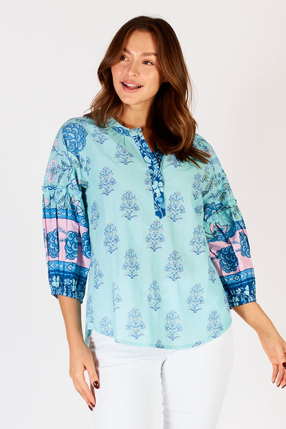 Raine Printed Cotton Top in Lagoon