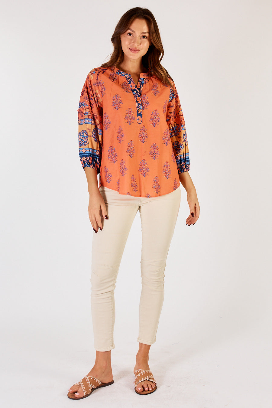 Raine Printed Cotton Top in Tangerine