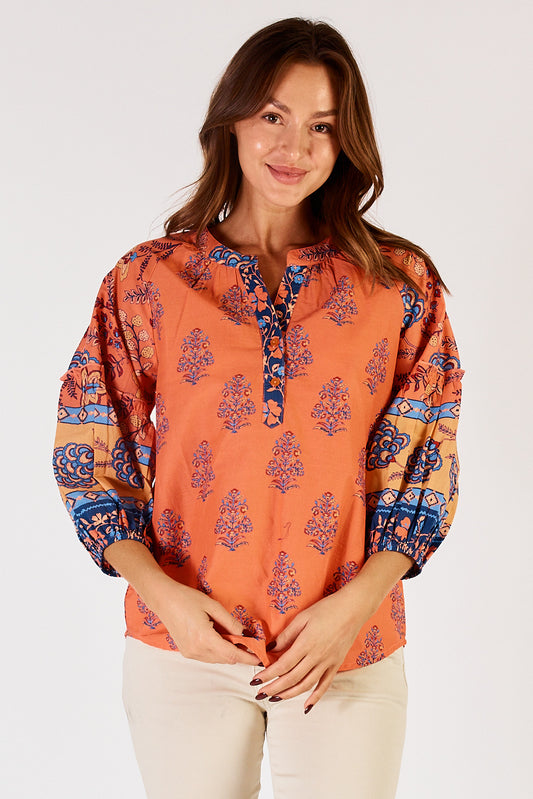 Raine Printed Cotton Top in Tangerine