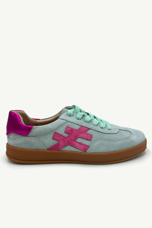 Sneaker with pink and green accents on a white background