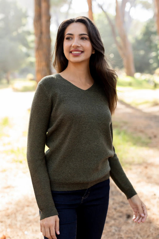Lyon Rib Knit V Neck Sweater in Khaki