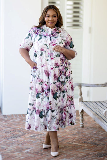 Mandarin Pocket Dress in Lilac Floral Print