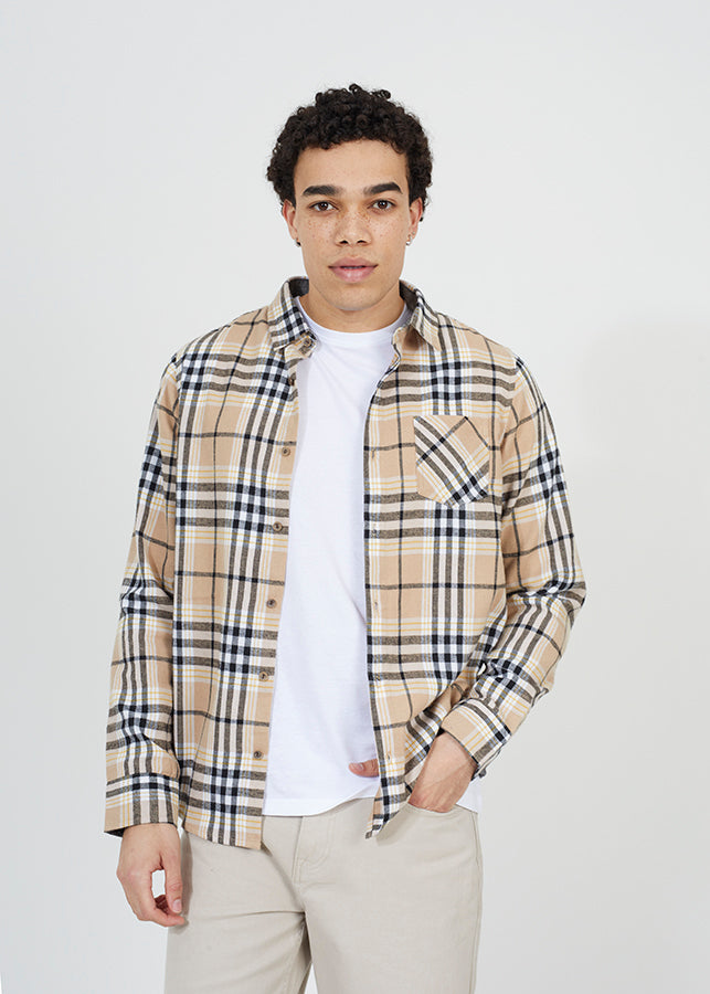 Dempsey Cotton Flannel Check Shirt in Beige