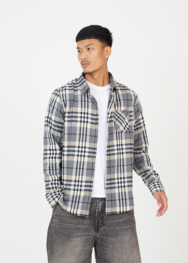 Dempsey Cotton Flannel Check Shirt in Grey