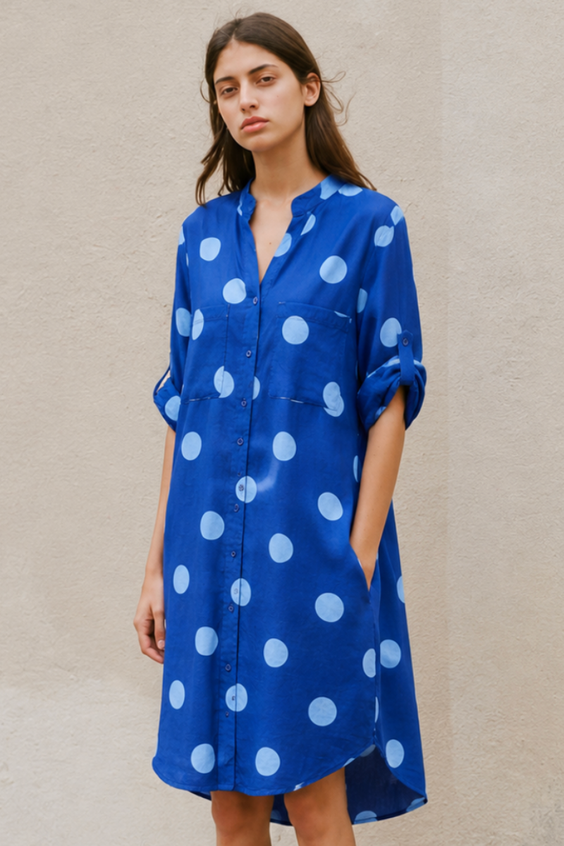 Cotton Voille Polka Dot Dress in Blue