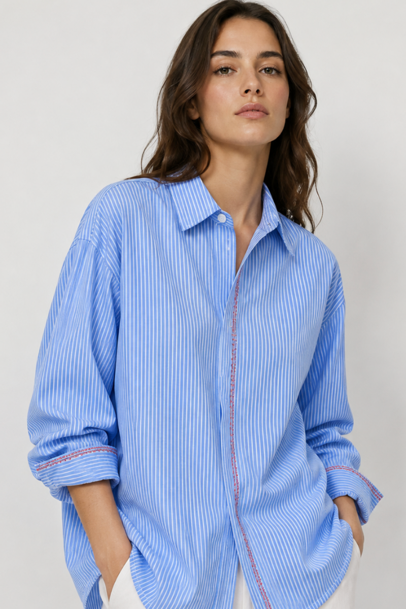 Stripe Cotton Shirt with Embroidery in Blue