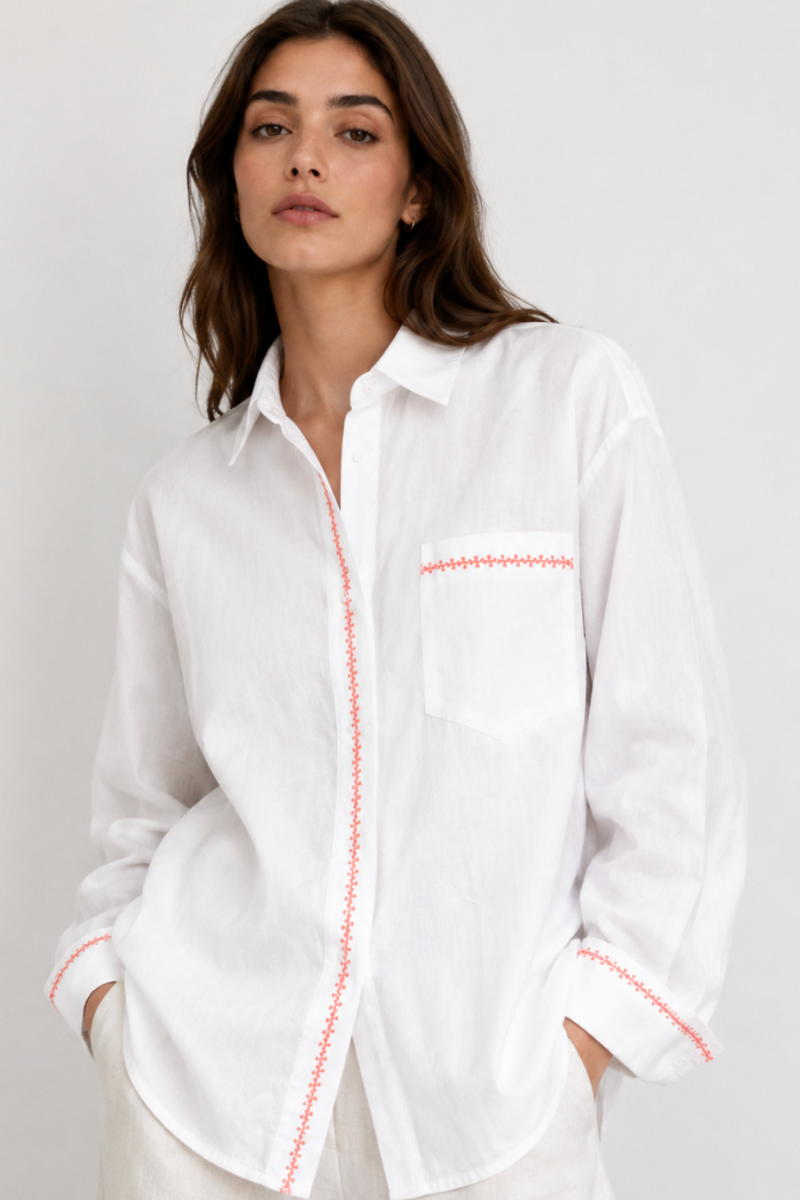 Stripe Cotton Shirt with Embroidery in White