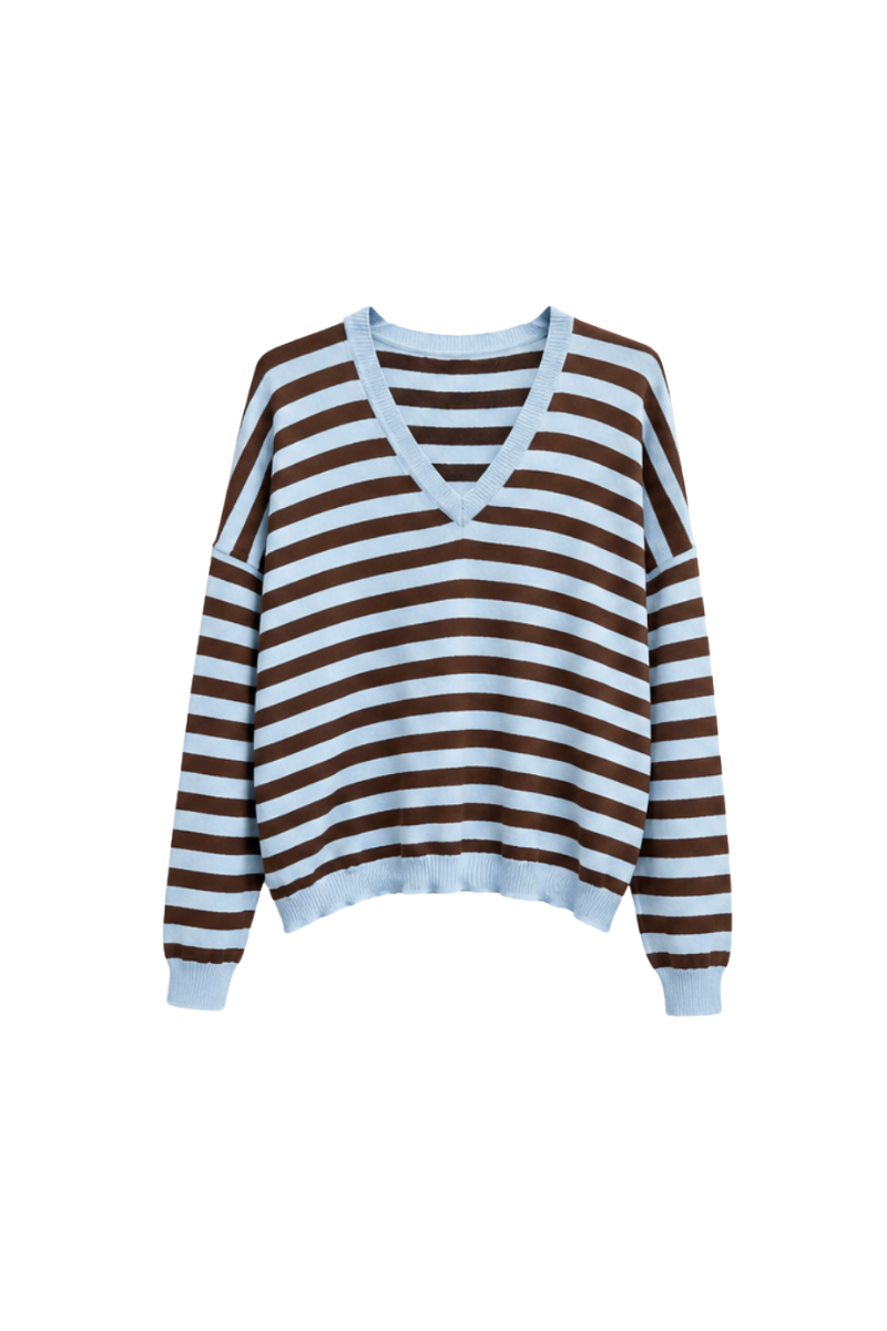Striped V Neck Sweater in Chocolate / Blue