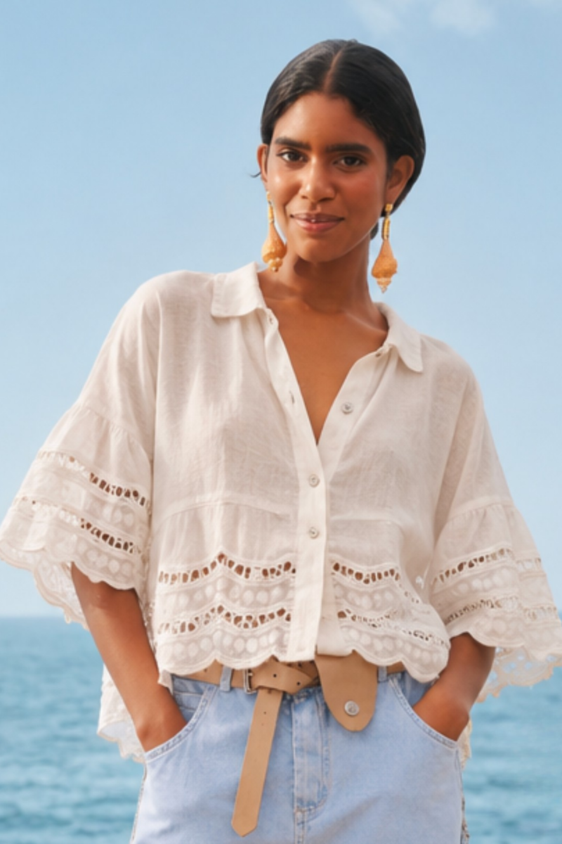 Linen Border Detail Anglaise Blouse in White