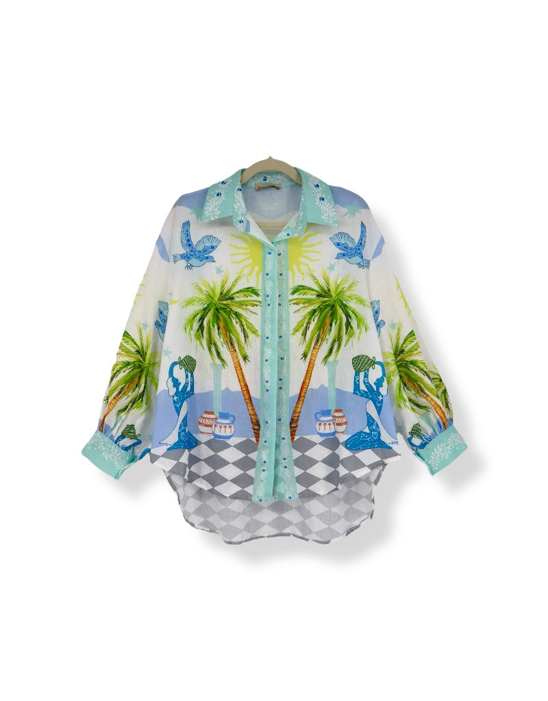 Palm Tree Checkerboard Blouse in Blue