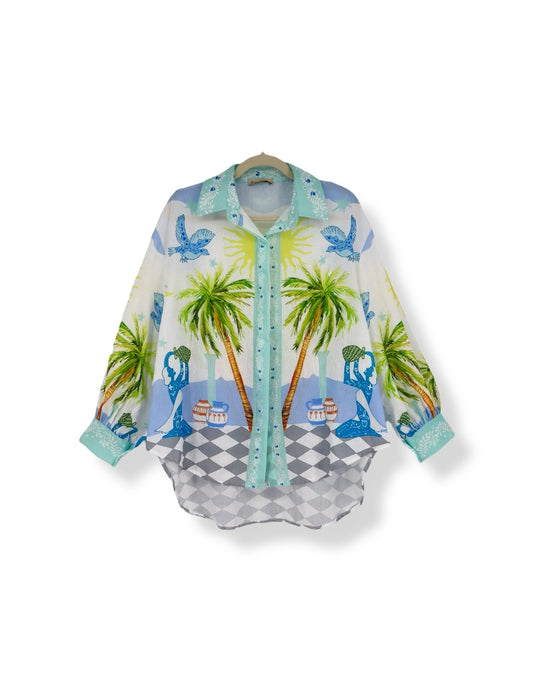 Palm Tree Checkerboard Blouse in Blue