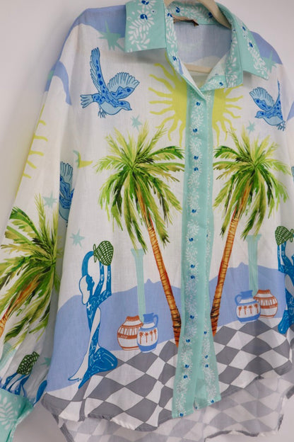 Palm Tree Checkerboard Blouse in Blue