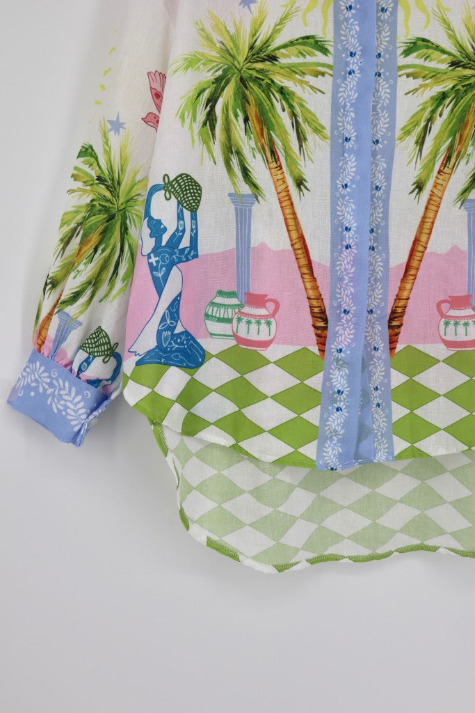 Palm Tree Checkerboard Blouse in Pink