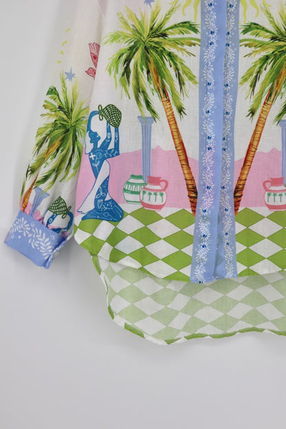 Palm Tree Checkerboard Blouse in Pink