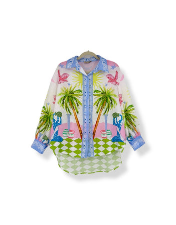 Palm Tree Checkerboard Blouse in Pink