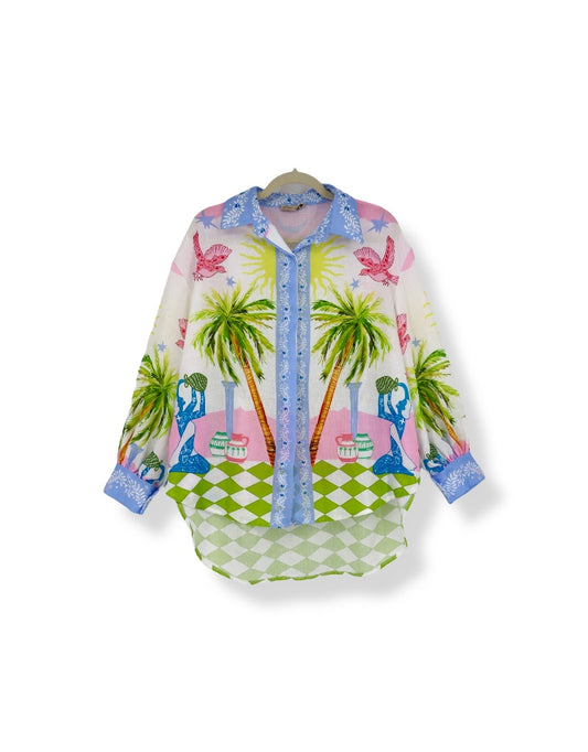 Palm Tree Checkerboard Blouse in Pink