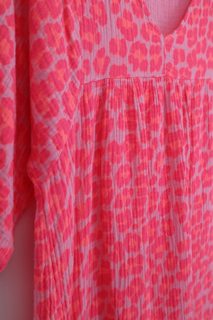 3/4 Sleeve Cotton V-Neck Maxi Dress in Lumo Animal Print