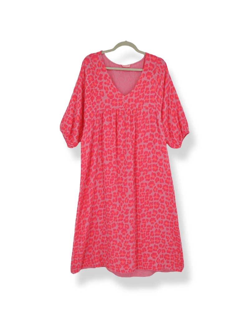 3/4 Sleeve Cotton V-Neck Maxi Dress in Lumo Animal Print