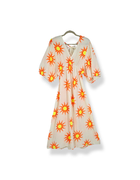 V-Neck Back Tie Dress in White Sun Orb