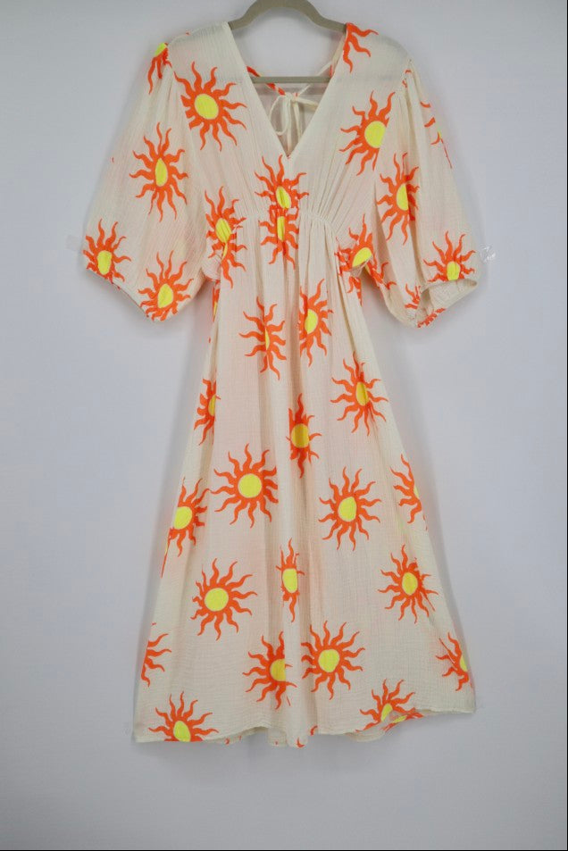 V-Neck Back Tie Dress in White Sun Orb
