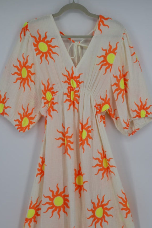 V-Neck Back Tie Dress in White Sun Orb
