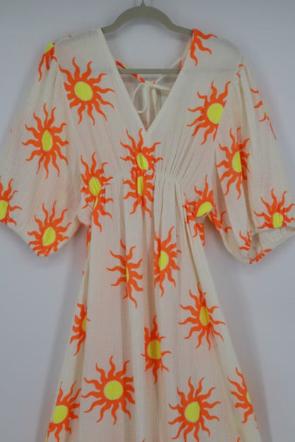V-Neck Back Tie Dress in White Sun Orb