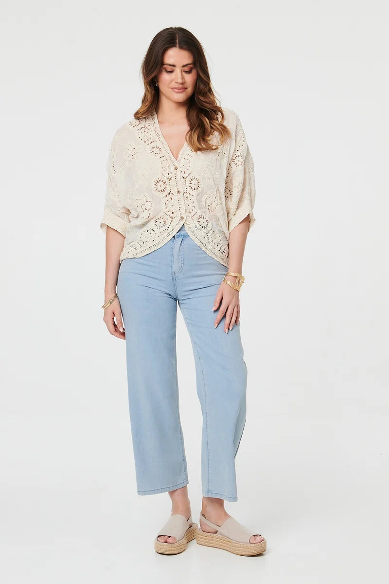 3/4 Sleeve Crochet Cardigan in Cream