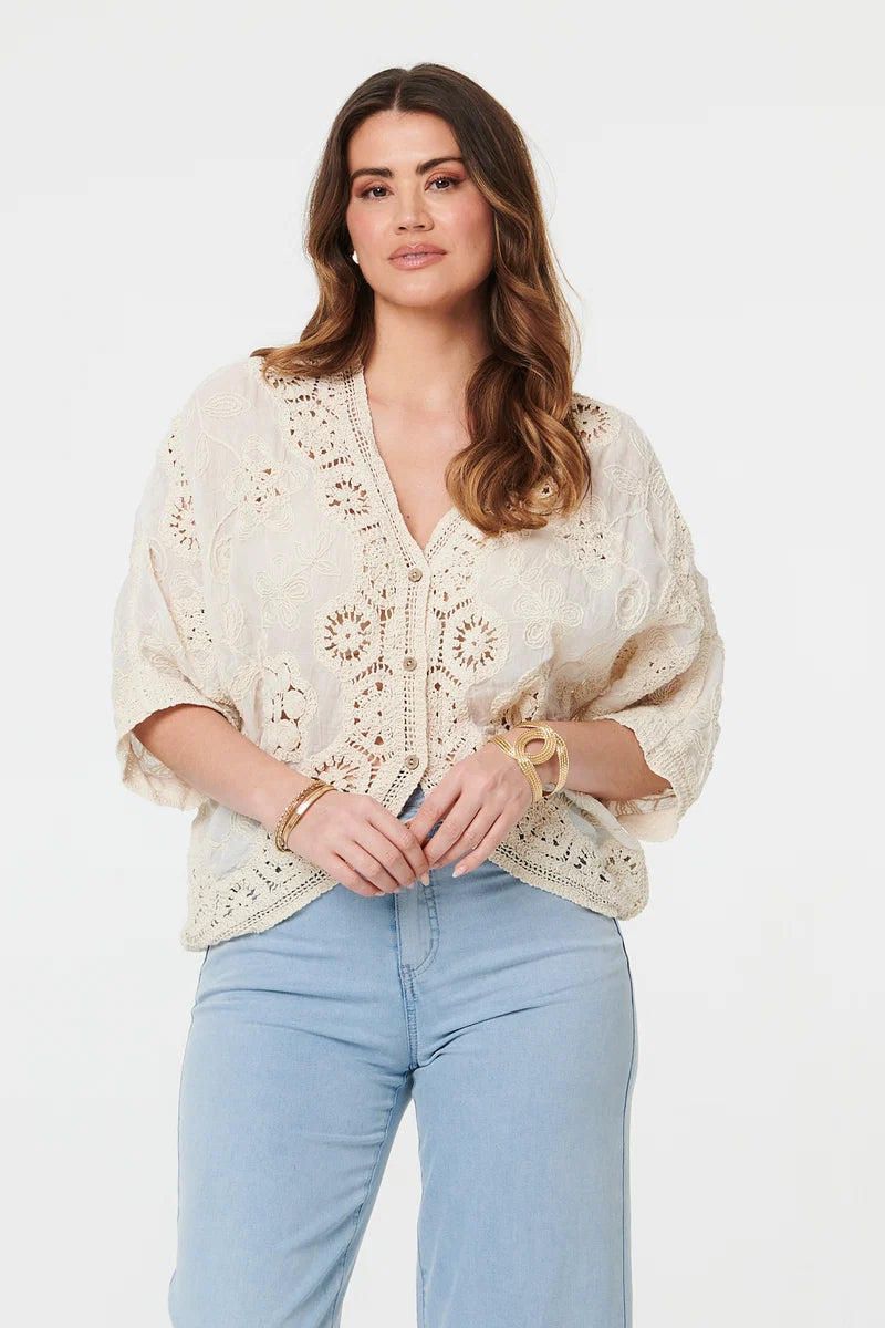 3/4 Sleeve Crochet Cardigan in Cream
