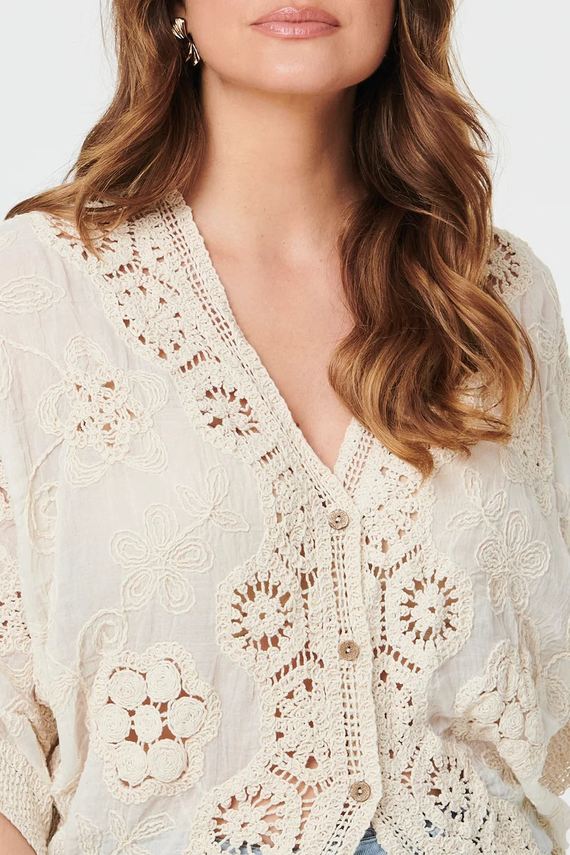 3/4 Sleeve Crochet Cardigan in Cream
