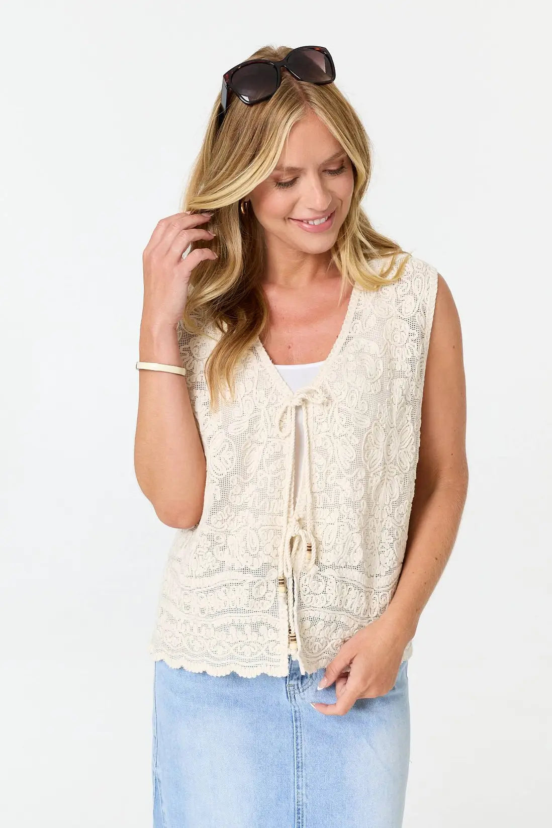 Crochet Style Lace Waistcoat in Ivory