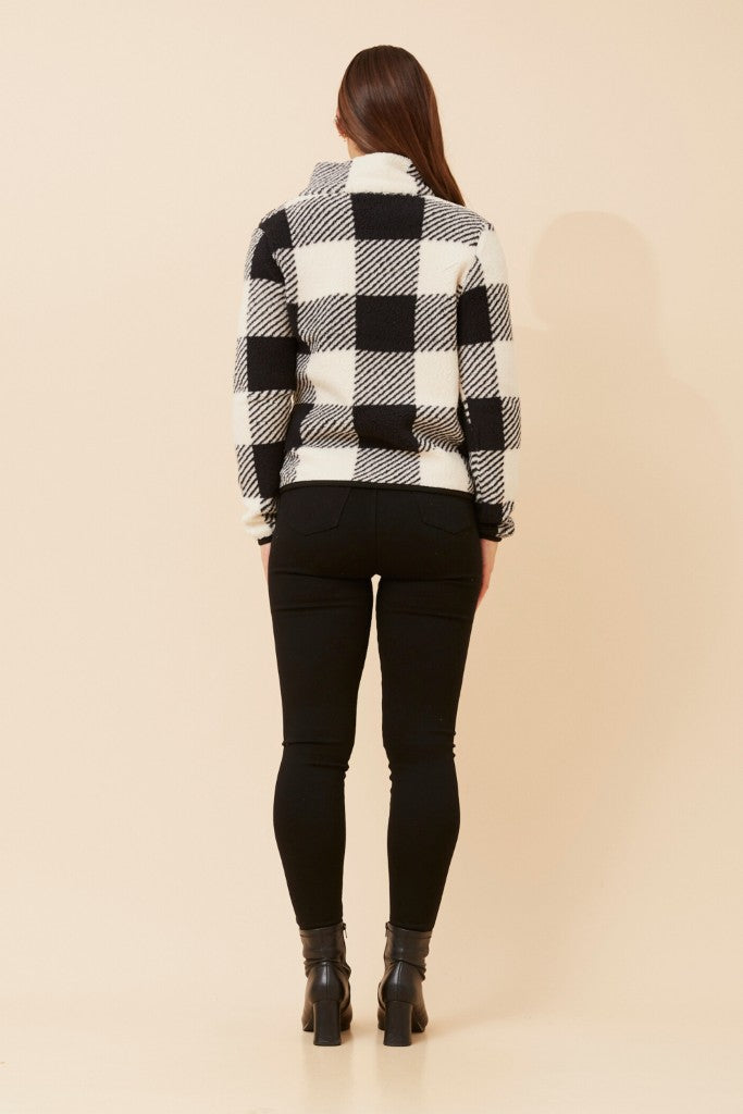 Zip Up Teddy Jacket in Black Check