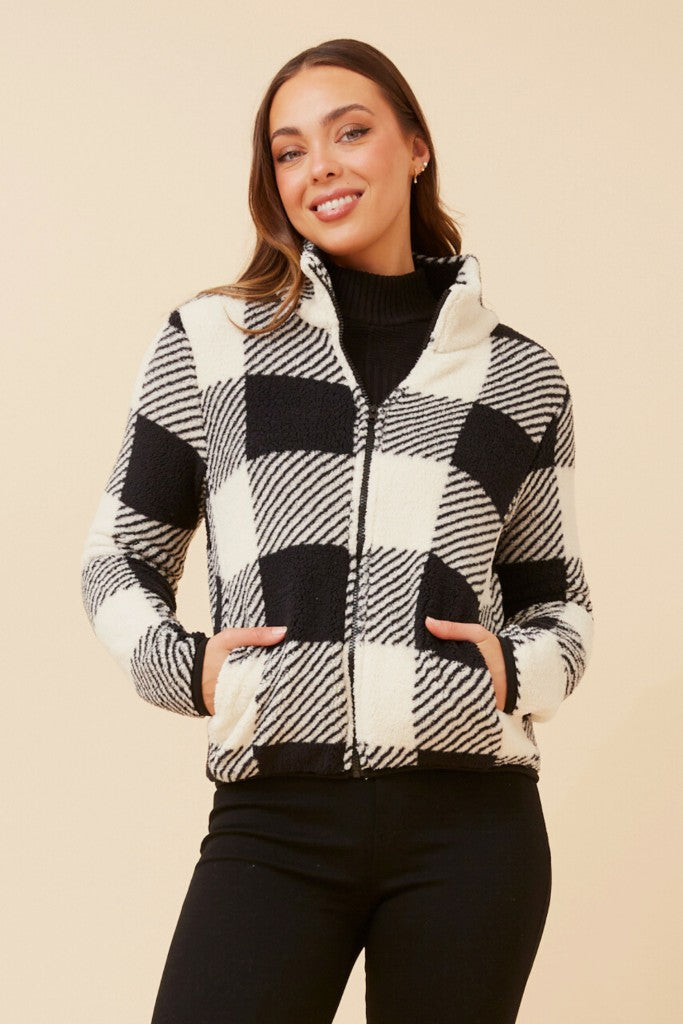 Zip Up Teddy Jacket in Black Check