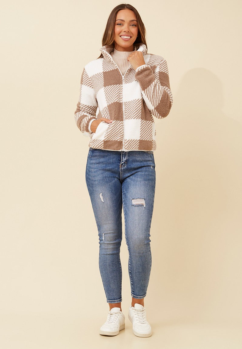 Zip Up Teddy Jacket in Brown Check