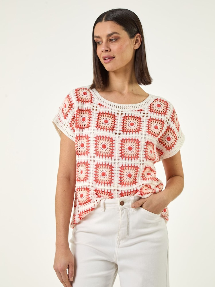 Crochet Style Top in Orange Multi