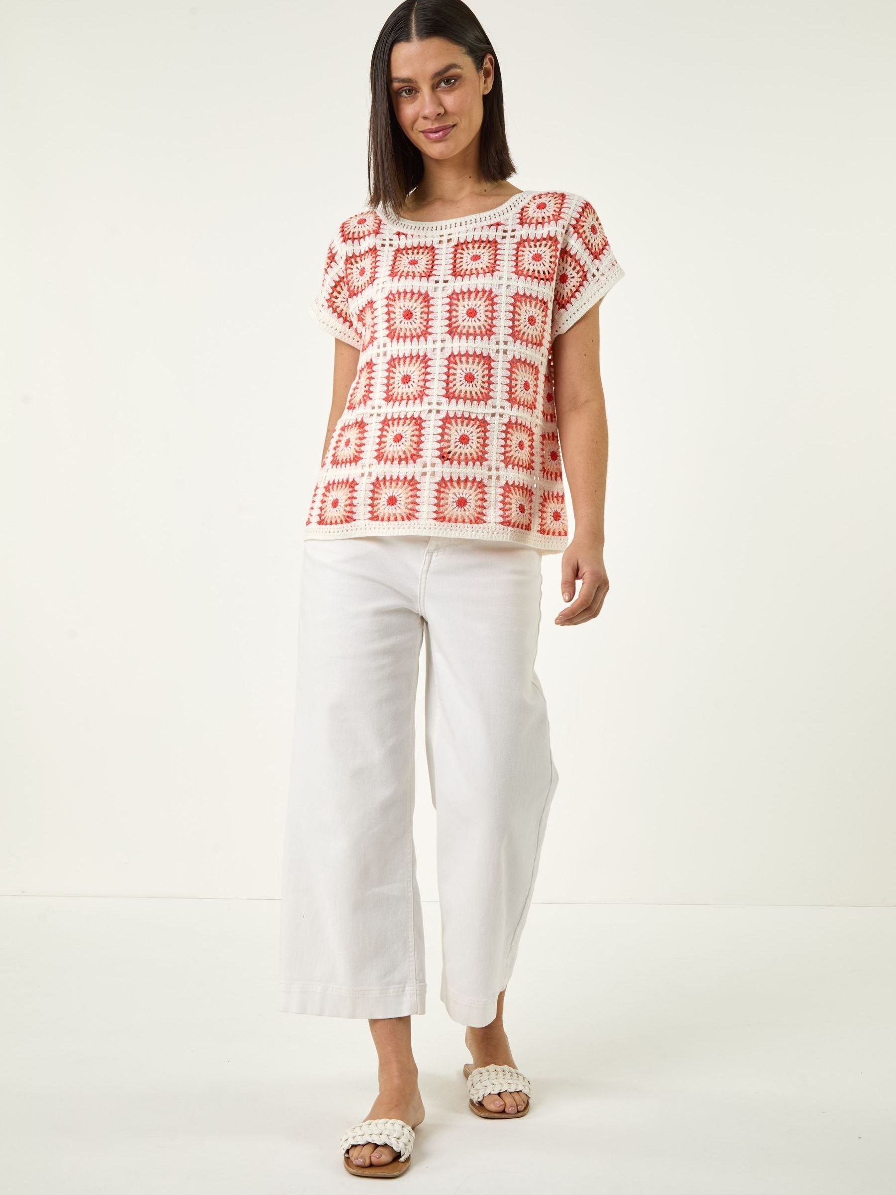 Crochet Style Top in Orange Multi