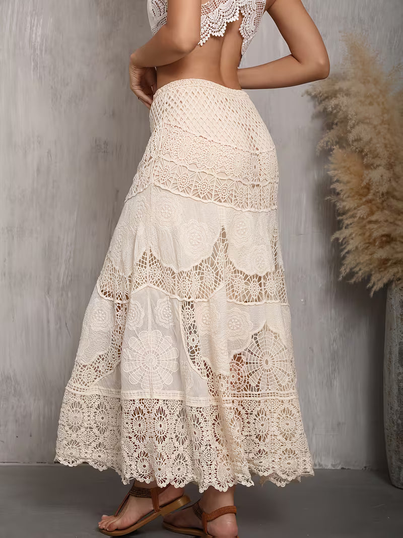 Crochet Style Lace Maxi Skirt in Ivory