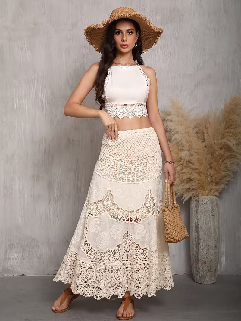 Crochet Style Lace Maxi Skirt in Ivory