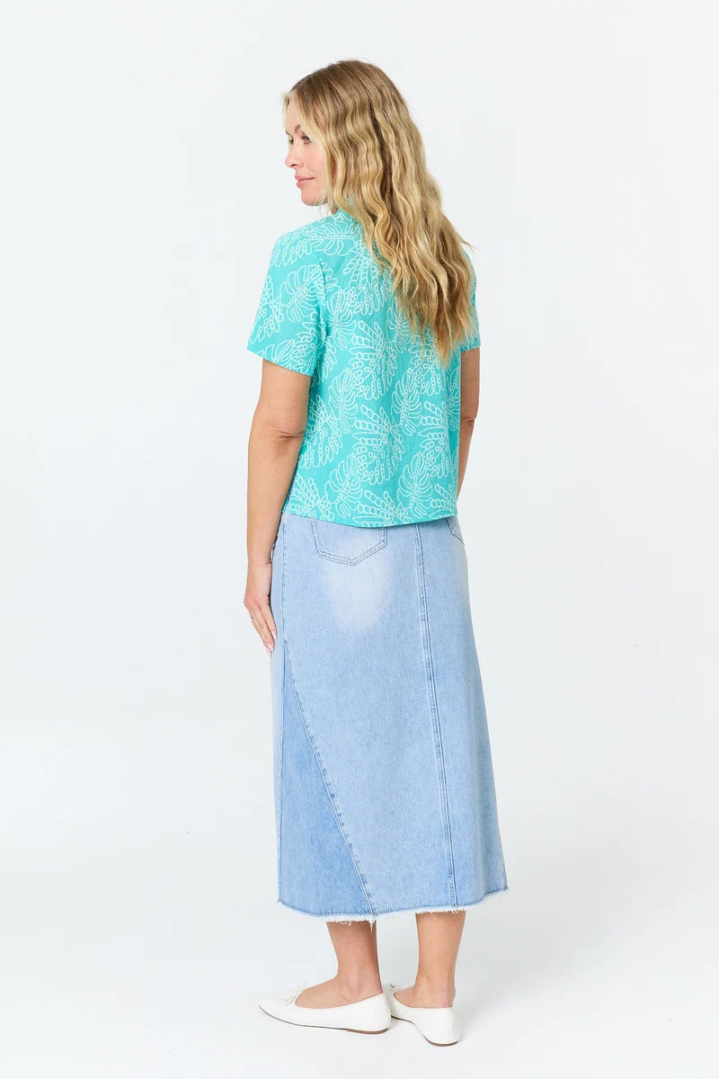 Leaf Print Textured Shirt in Turquoise