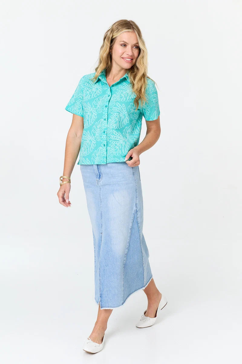 Leaf Print Textured Shirt in Turquoise