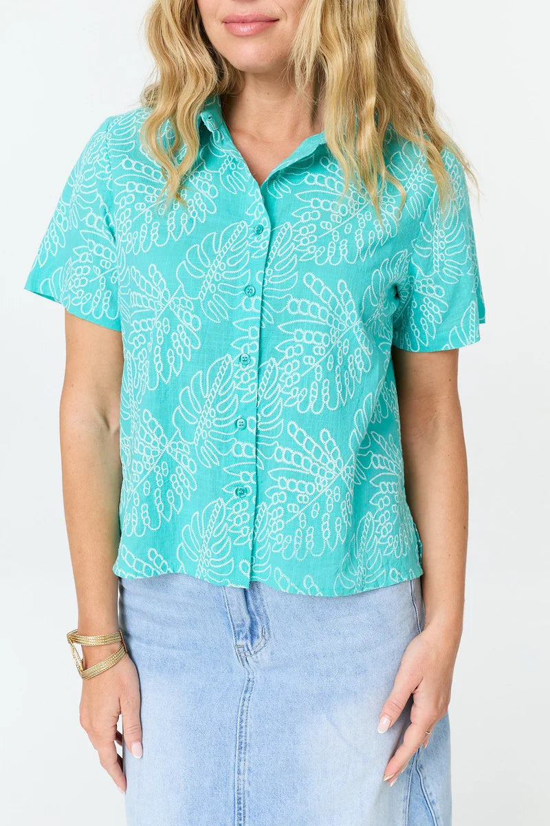 Leaf Print Textured Shirt in Turquoise