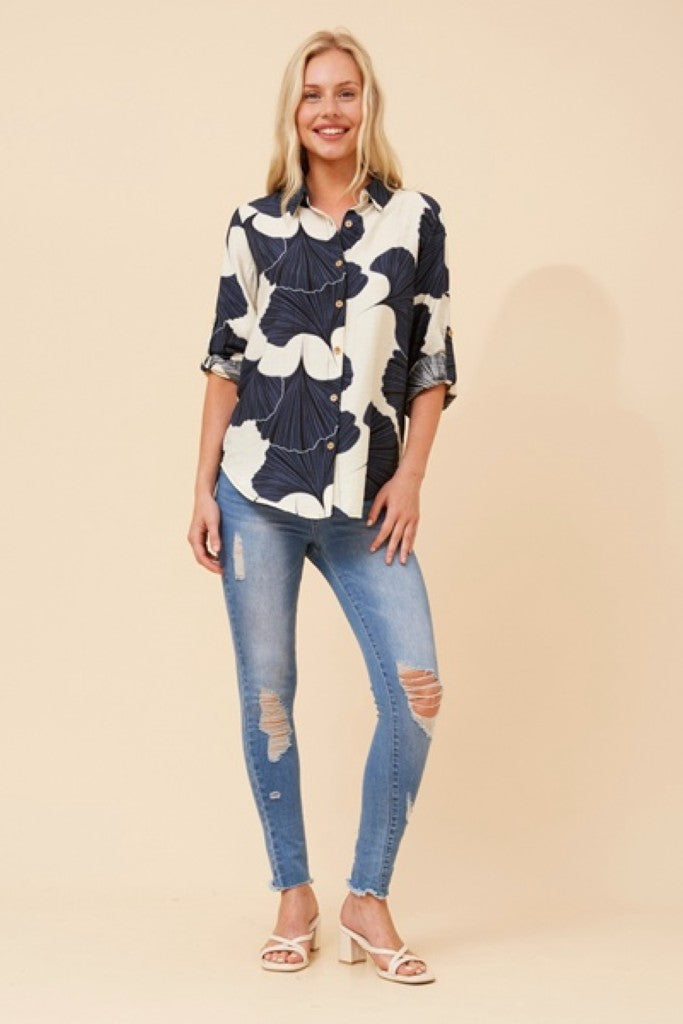 Print Blouse in White / Navy