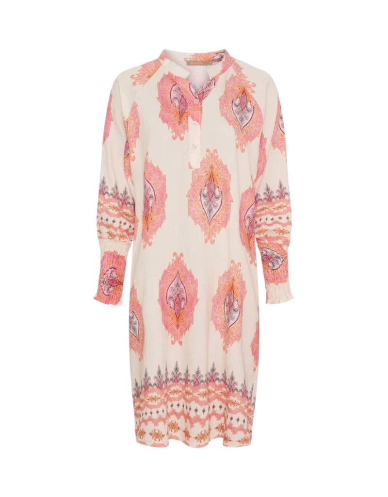 Long-sleeve dress with pink and purple pattern on a white background