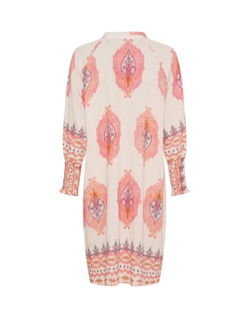 Long-sleeve dress with a pink and orange pattern on a white background