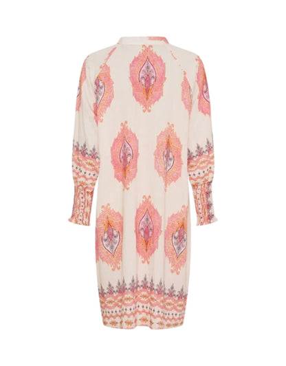 Long-sleeve dress with a pink and orange pattern on a white background