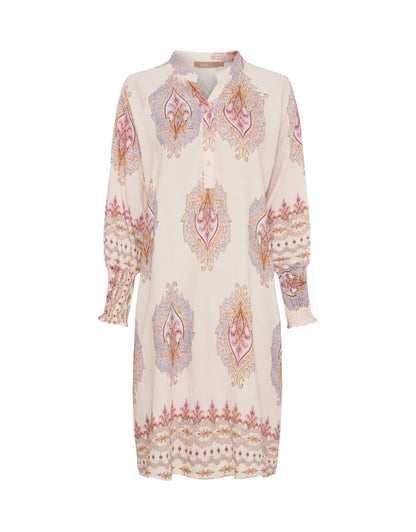 Long-sleeve dress with a pattern on a white background