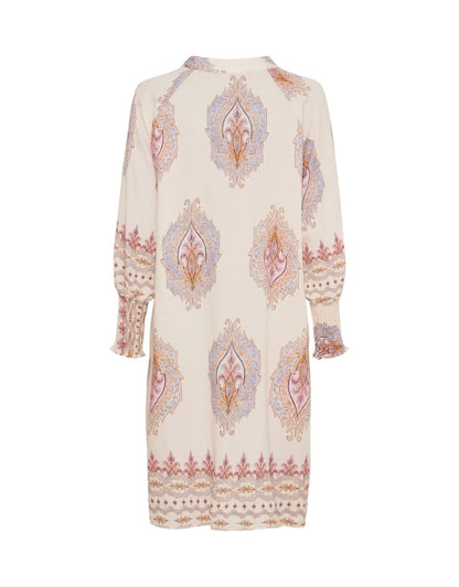 Long-sleeve dress with decorative pattern on a white background