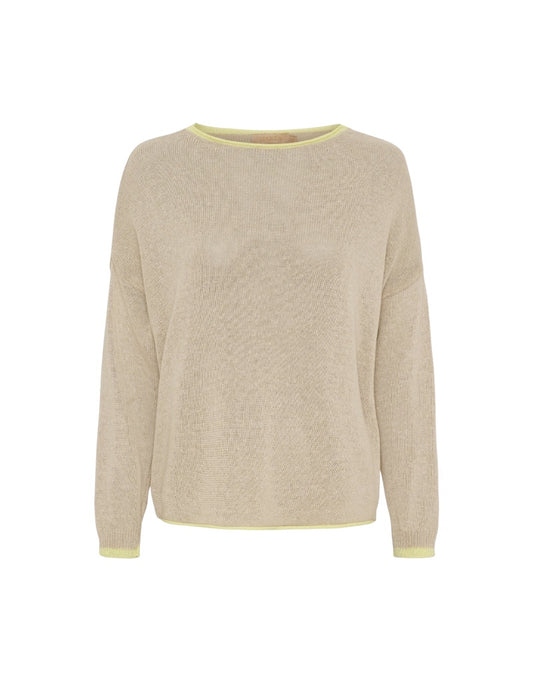 Beige sweater with yellow trim on a white background
