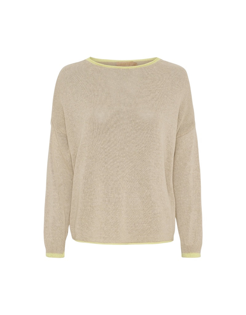 Beige sweater with yellow trim on a white background