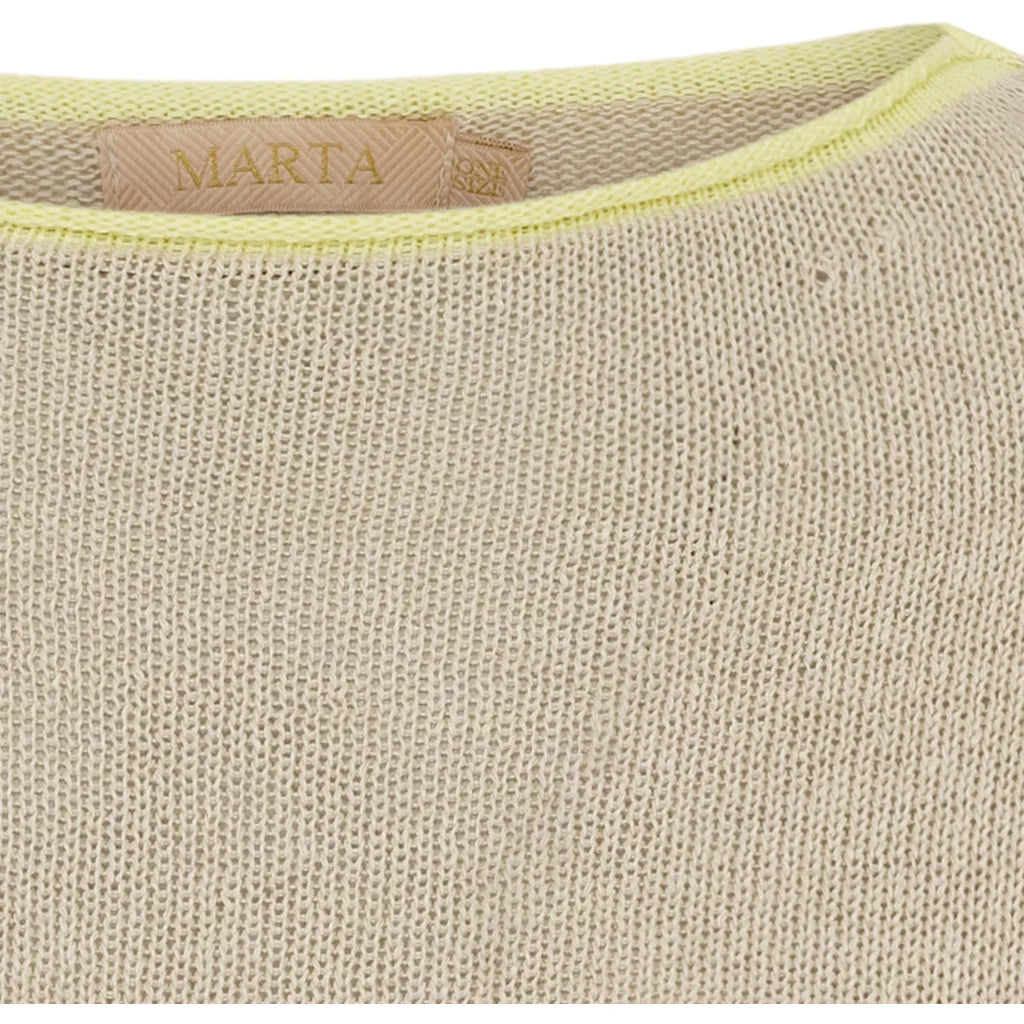 Close-up of a beige fabric product with a 'Marta' label on a white background